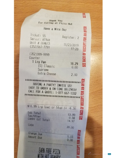 Download Pizza Hut restaurant payment receipt Photoshop template